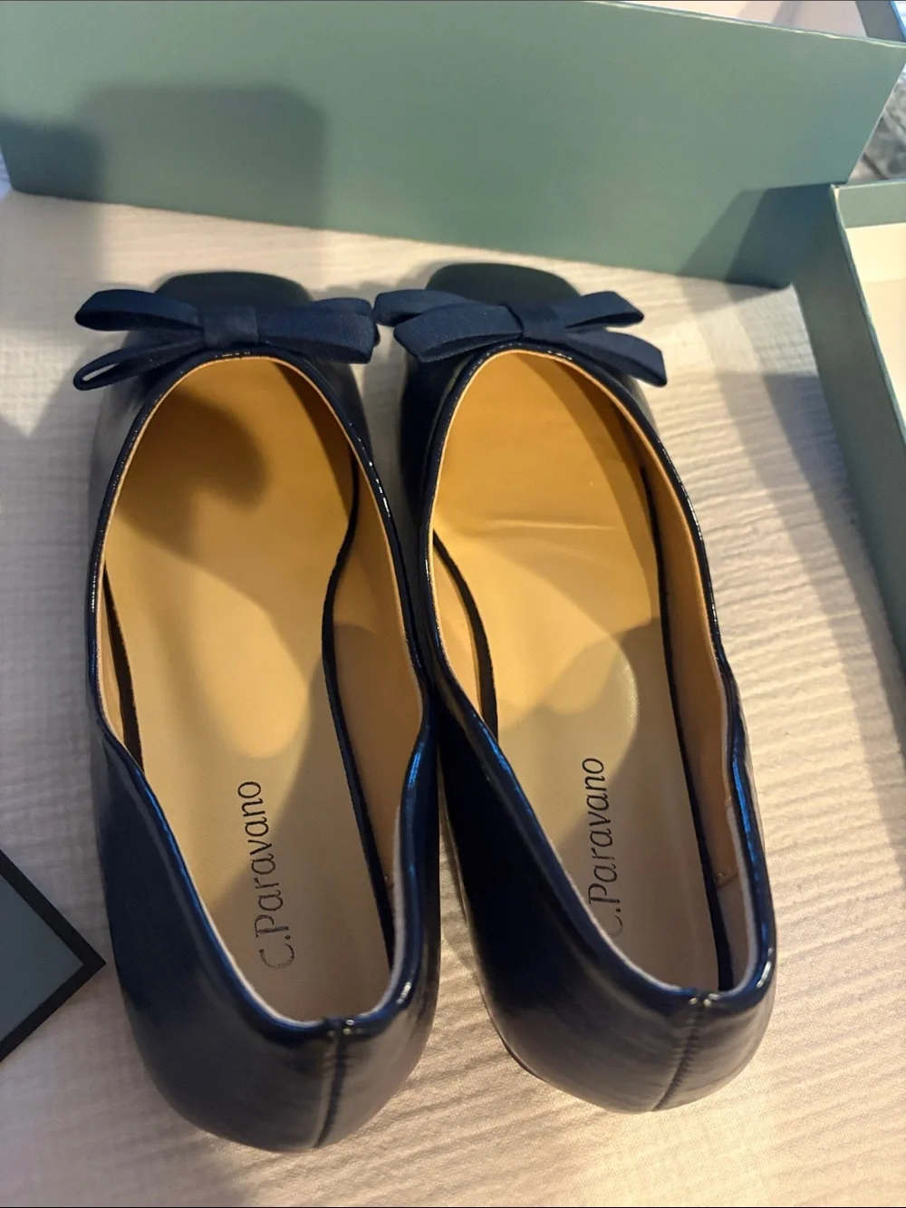 C. Paravano Navy Patent Bow Square-Toe Flats